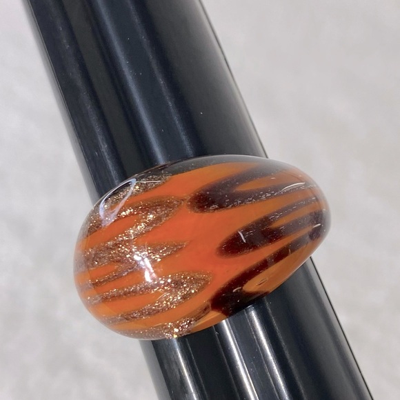 Vintage Art Glass Handmade Orange Burgundy Gold Glitter Band Ring - Picture 11 of 11